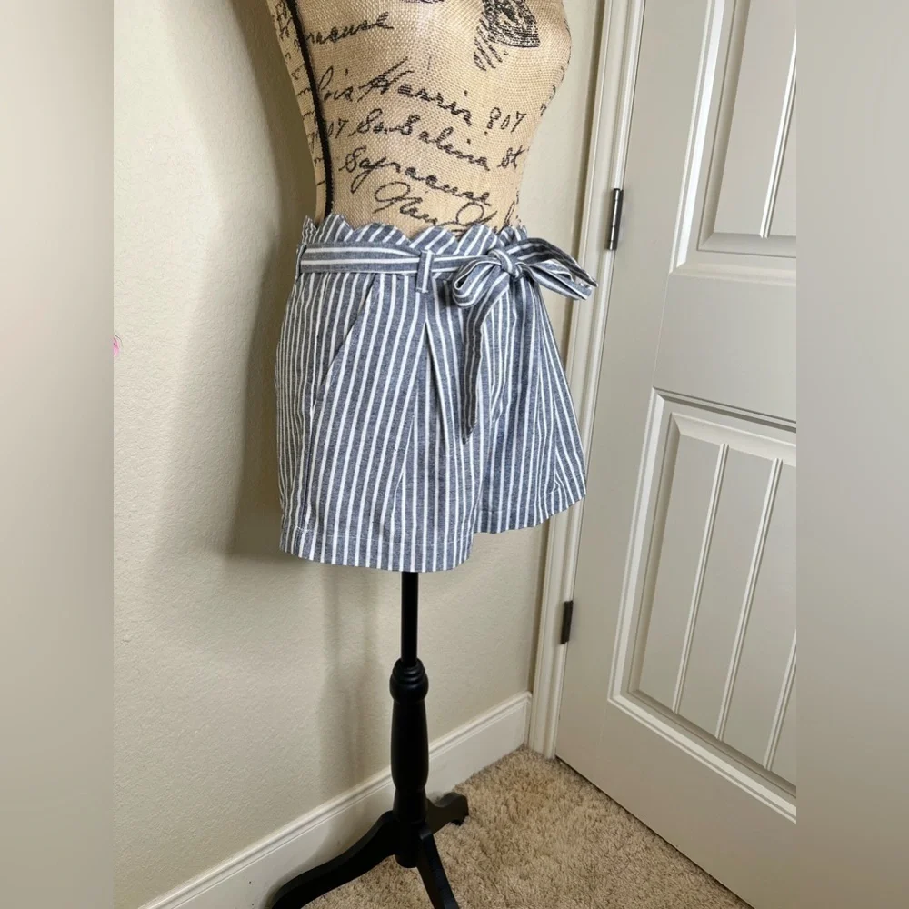 High-Waist Navy & White Striped Paperbag Shorts with Tie Waist